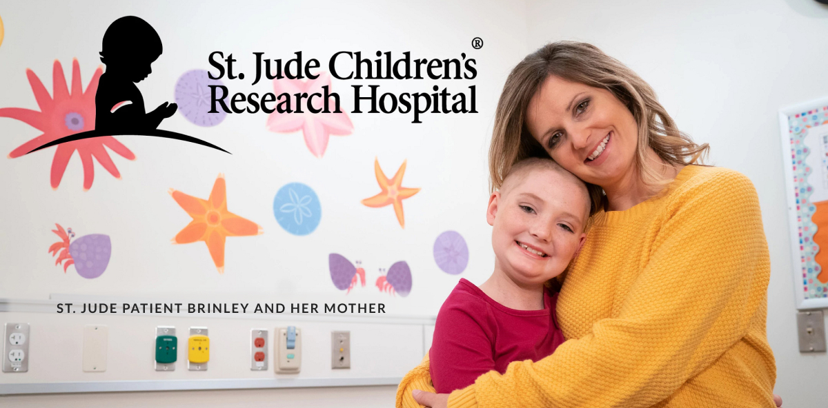 St. Jude Children's Research Hospital logo and image of mother and child