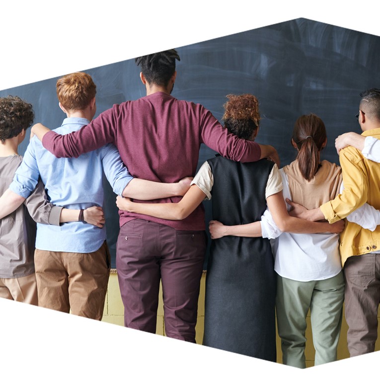 People with their arms around each other's shoulders