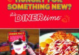Denny's new AR Menu on the bottom left-hand corner and Denny's New Red, White and Blue Pancakes. Above is text that reads, "Hungry for something new? It's Diner Time" in yellow and red font, all in front of a red background