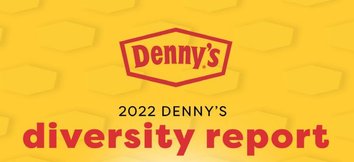 fondo amarillo con el logo de Denny's que dice informe de diversidad de Denny's 2022