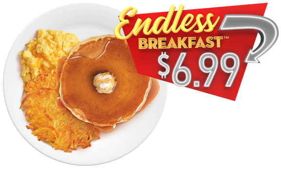 Marca de "Endless Breakfast", anuncio de 6.99 con un plato de pancakes, huevos y papas hash brown