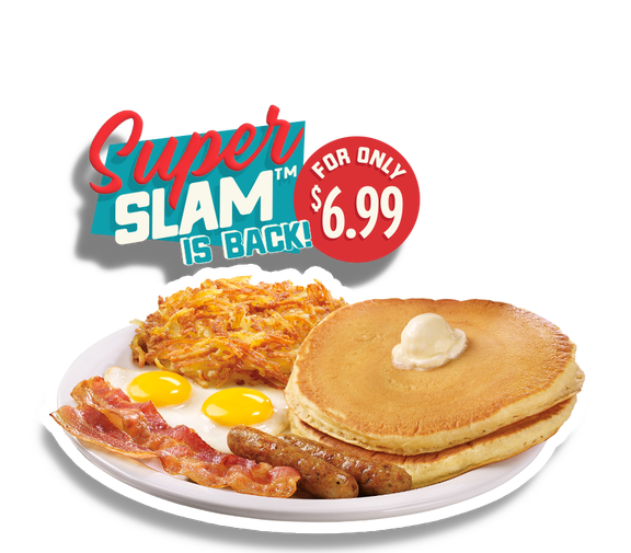 Super Slam plate, pancakes, eggs, bacon, sausage, hash browns. 