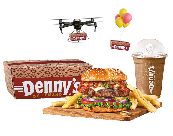 Burger, milk shake, and to go box with additional to go boxes behind carried by a drone and ballons 