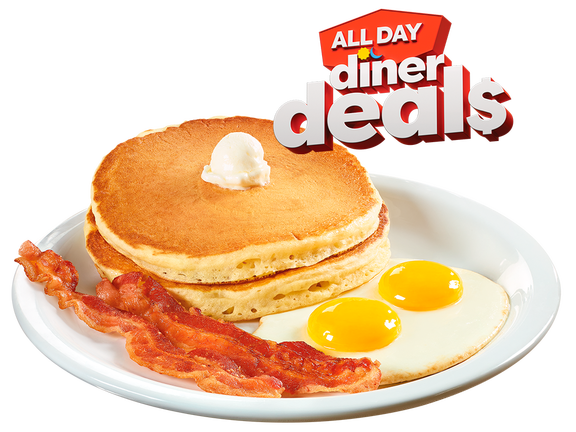Everyday Value Slam, dos pancakes de buttermilk, dos tiras de tocino y dos huevos fritos. Hay un logo que dice All day Diner Deals en la parte superior derecha.