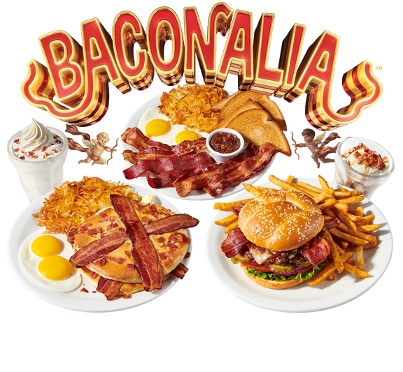 denny's baconalia menu logo with the maple bacon sundae, bacon milkshake, bacon burger, premium bacon loaded pancakes and triple bacon sampler