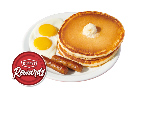 Denny's everyday value slame with pancakes, eggs and sausage featuring the Denny's rewards logo