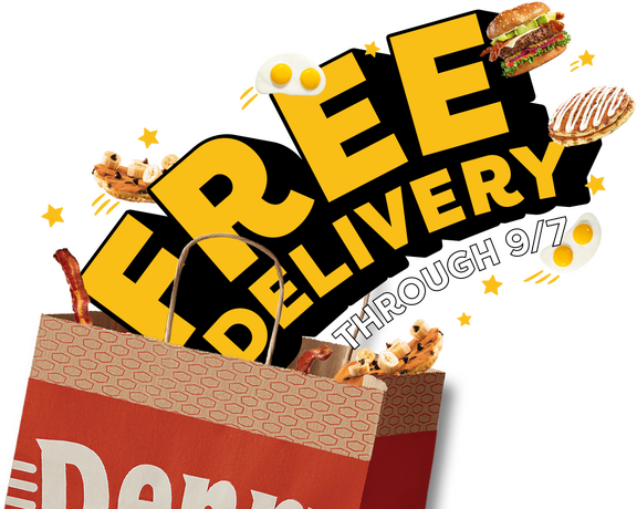 Denny's to go back with copy "Free delivery through 9/7" showing bacon, eggs, pancakes flying out of the bag