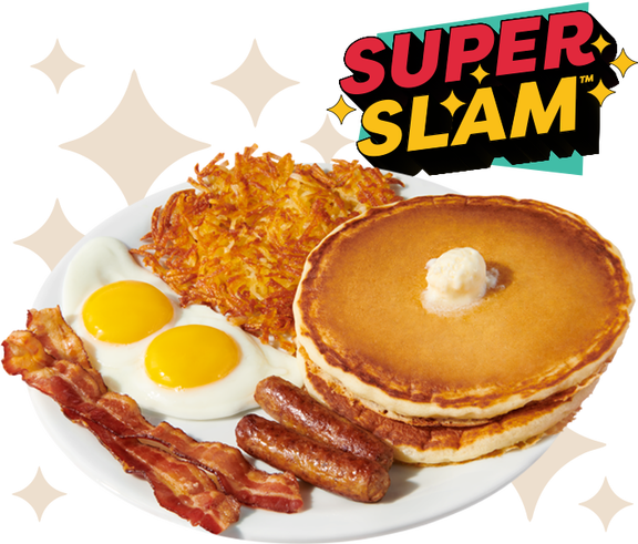 Denny's Super Slam featuring pancakes, eggs, bacon and sausage 