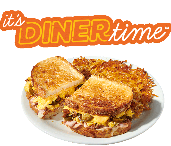 Denny's Spicy Moons Over My Hammy with Hash Browns on a white plate. Above is text that reads, "It's Diner Time" in a white and orange font. The word "Diner" flashes in neon lights.