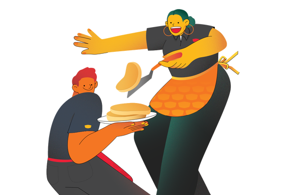 Two workers illustrated, flipping pancakes