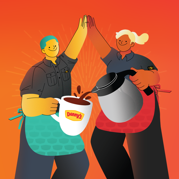 two illustrated employees pouring coffee. 