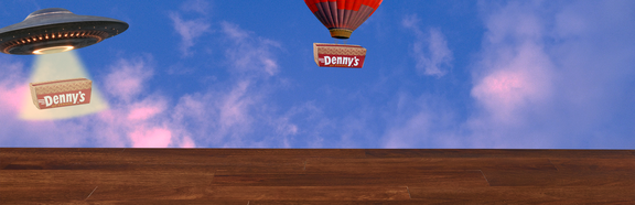 A sky with clouds and to go boxes carried by a hot air ballon and a UFO. There is a wood surface at the bottom