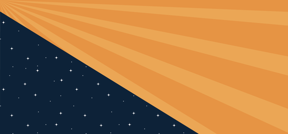 An image split diagonally with a night sky and stars on the left half, and sun rays on the right half.