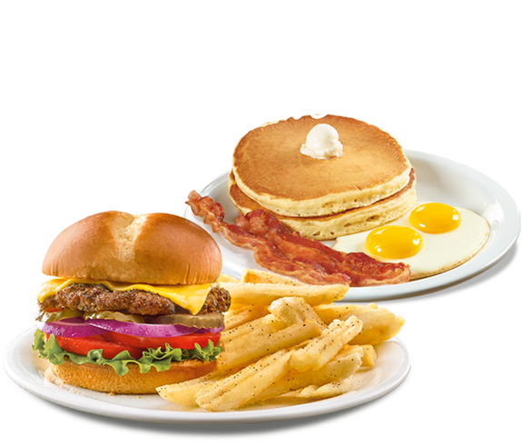Denny's Quarter Pound Cheeseburger and Everyday Value Slam from the All Day Diner Deals Menu. Above is text that reads, "It's Diner Time" in a white font.