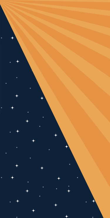 An image split diagonally with a night sky and stars on the left half, and sun rays on the right half.