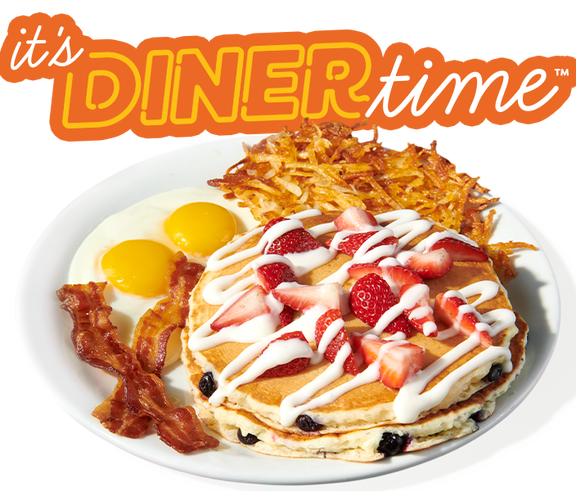 Denny's Red, White and Blue pancakes with eggs, bacon and hash browns with a headline "It's Diner Time" 