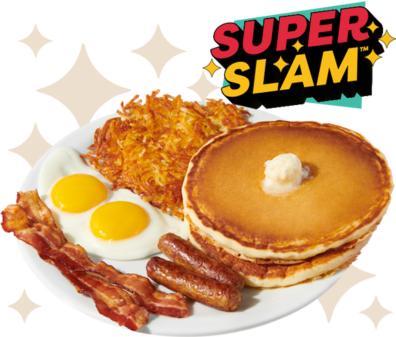 Denny's Super Slam breakfast featuring pancakes, eggs, bacon, sausage and hash browns with the words Super Slam