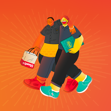 Two illustrated employees walking
